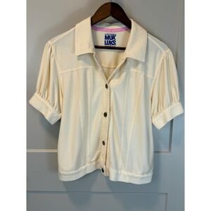 MUK LUKS Cream Button Up Short Sleeve Collared Blouse Puff Sleeves Size M